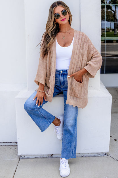 Old Rose Drop Shoulder Crochet Knit Open Front Cardigan