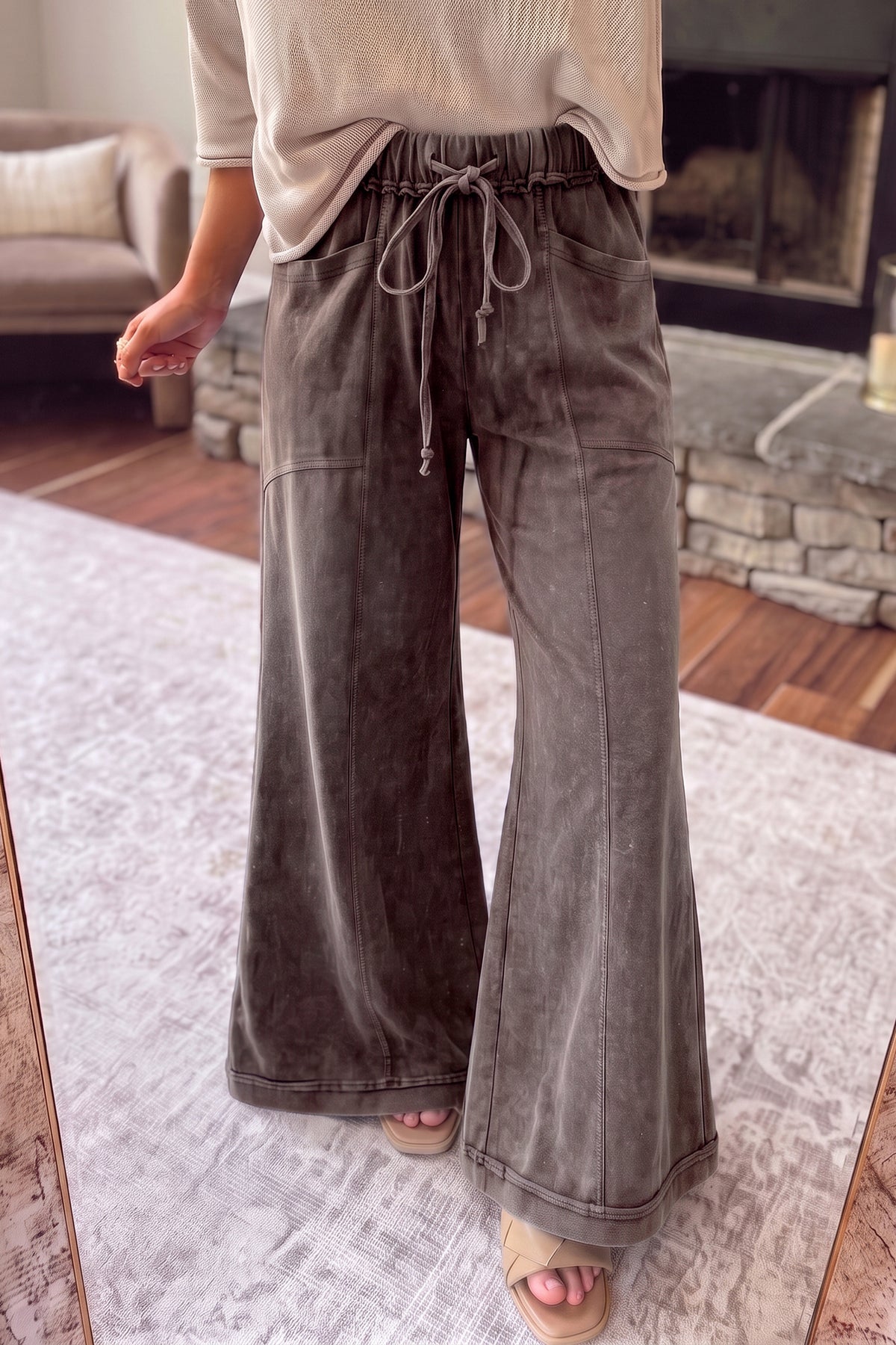 Jungle Green Mineral Wash Seam Detail Flare Leg Drawstring Pants