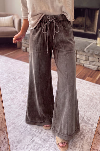 Jungle Green Mineral Wash Seam Detail Flare Leg Drawstring Pants