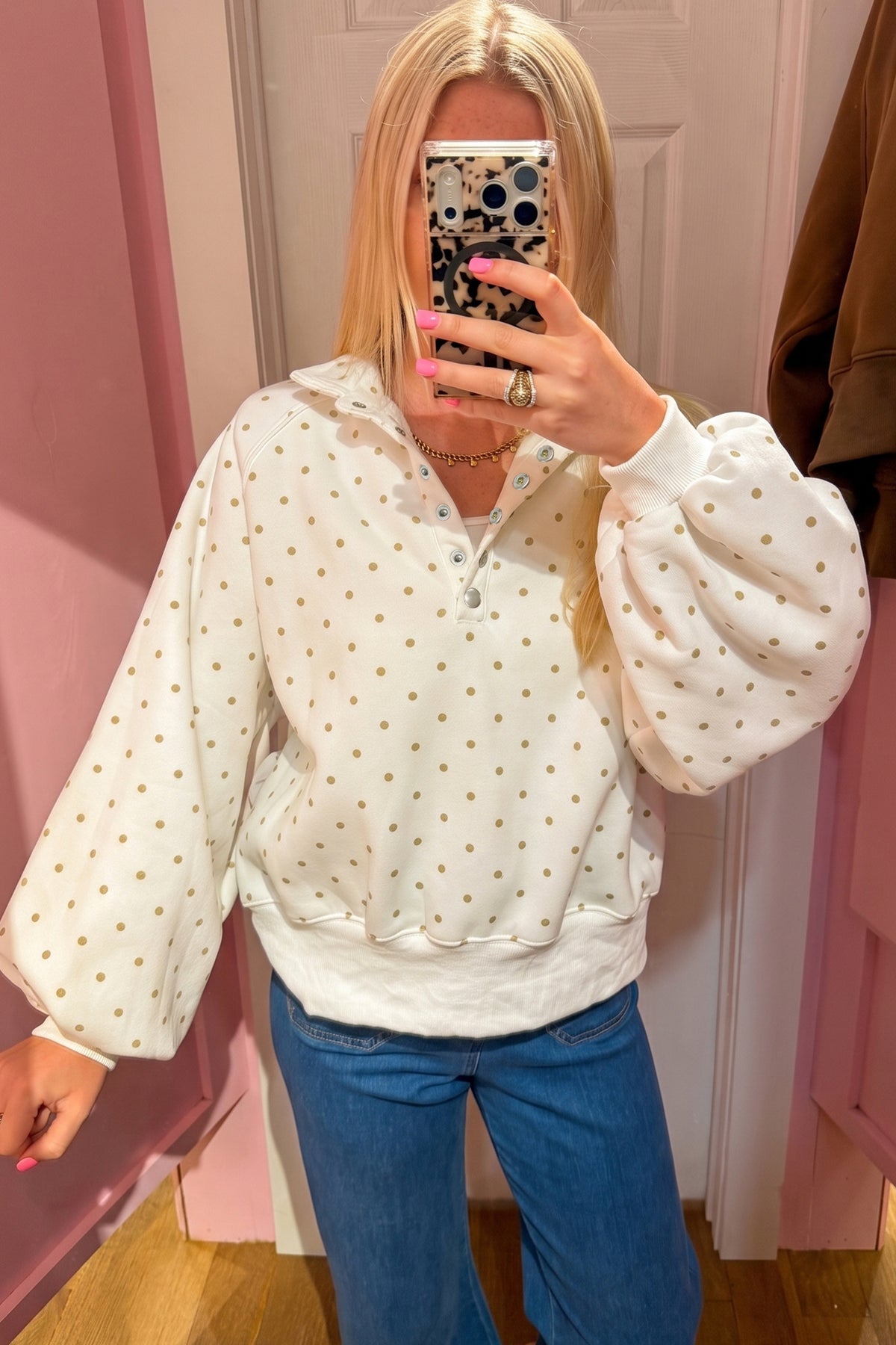 Black Polka Dot Print Metal Button Collar Casual Pullover Sweatshirt