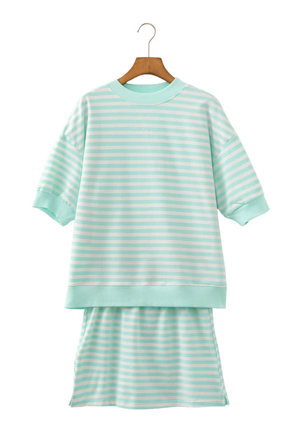 Green Stripe Ribbed Color Block Trim Half Sleeve Top Mini Skort 2pcs Outfit
