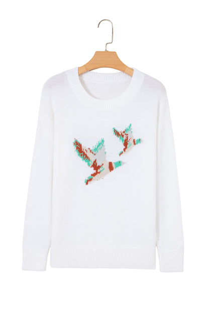 White Drop Shoulder Round Neck Long Sleeve Pullover Sweater
