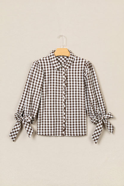 Brown Plaid Knot Half Sleeve Button Down Shirt