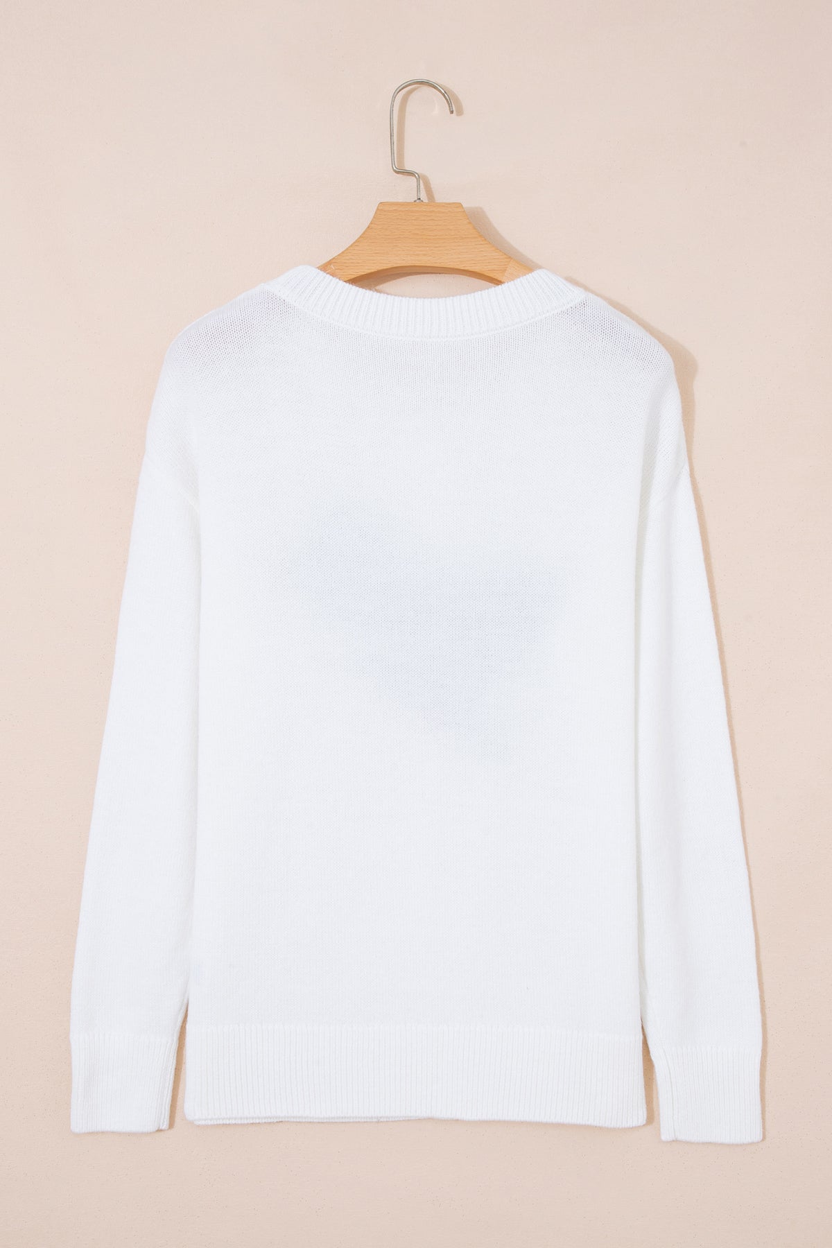 White Drop Shoulder Round Neck Long Sleeve Pullover Sweater