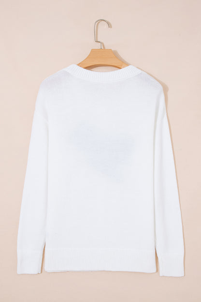 White Drop Shoulder Round Neck Long Sleeve Pullover Sweater