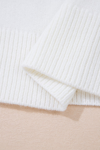 White Drop Shoulder Round Neck Long Sleeve Pullover Sweater