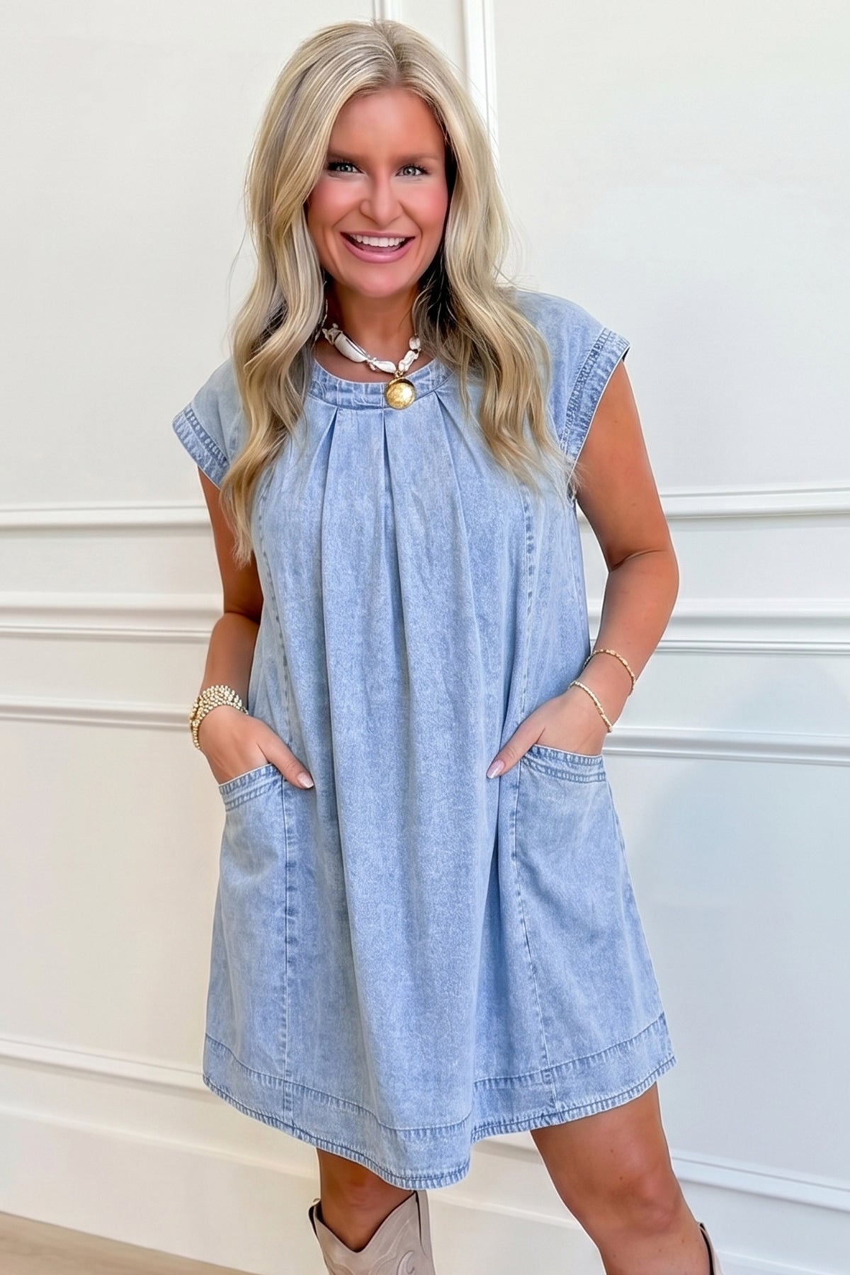 Beau Blue Cap Sleeve Pleated Round Neck Denim Shift Dress