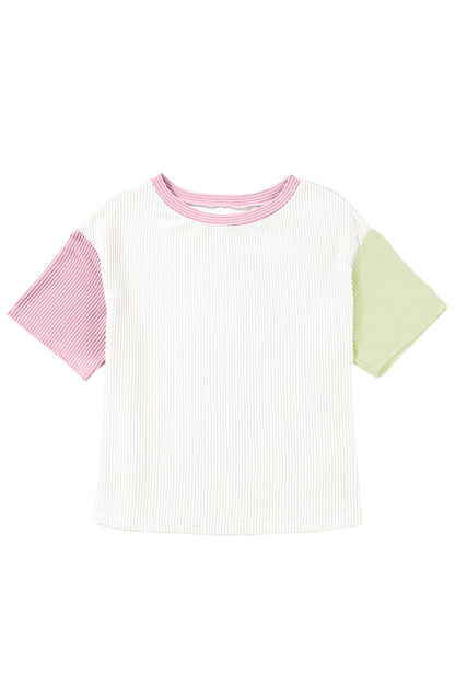 White Corded Colorblock Crewneck Tee