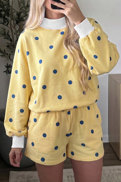 Pink Polka Dot Ribbed Trim Long Sleeve Top Casual Short Set