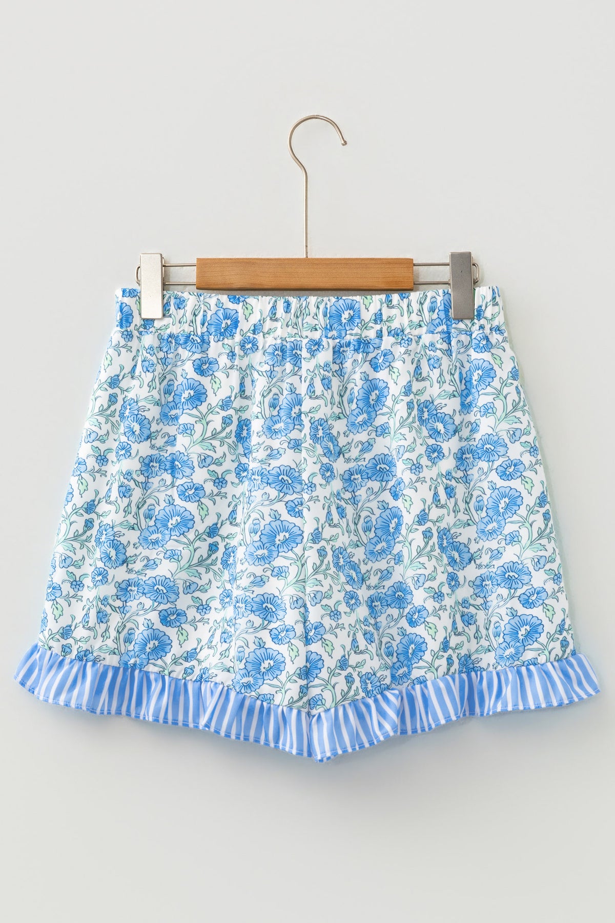 Sky Blue Summer Floral Striped Ruffle Hem Lace Tie Shorts