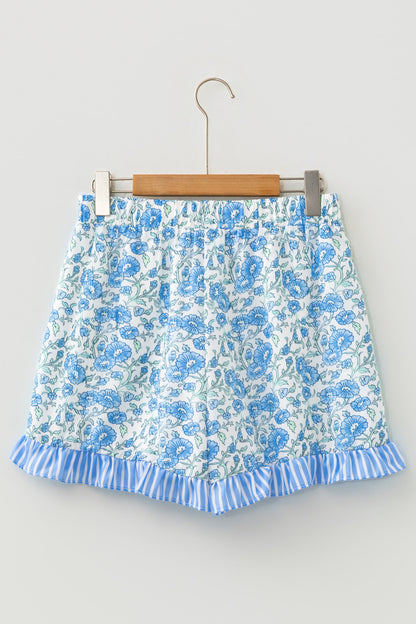 Sky Blue Summer Floral Striped Ruffle Hem Lace Tie Shorts