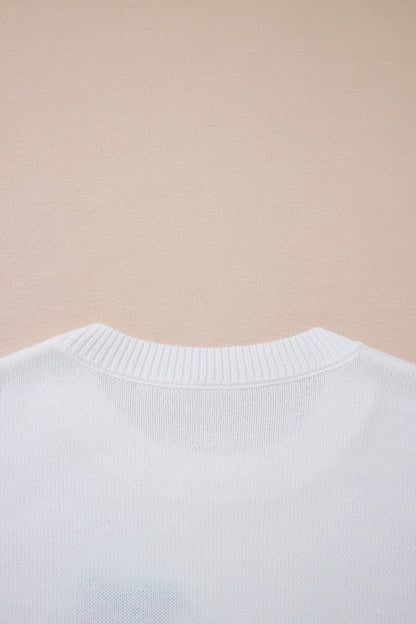 White Drop Shoulder Round Neck Long Sleeve Pullover Sweater