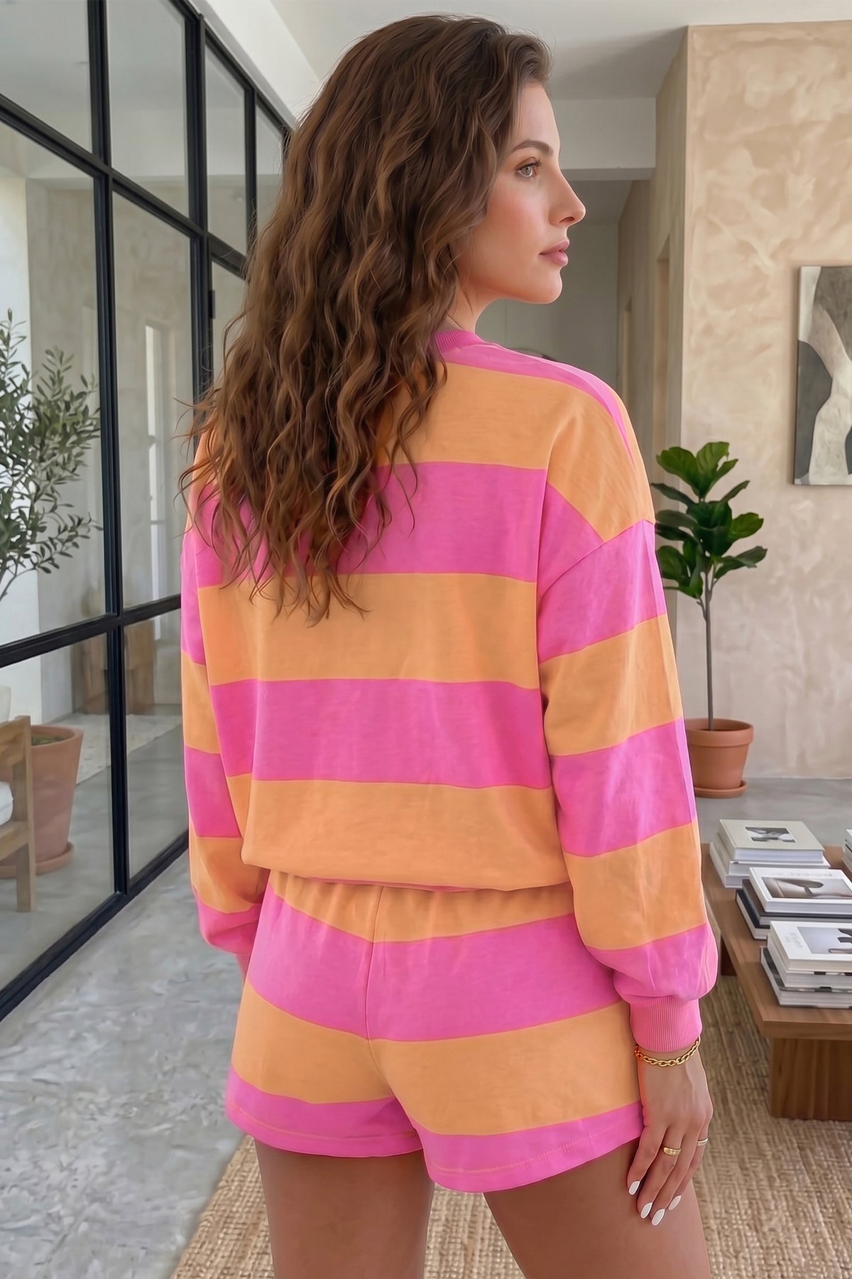 Pink Stripe Long Sleeve Casual Top Drawstring Shorts 2pcs Set